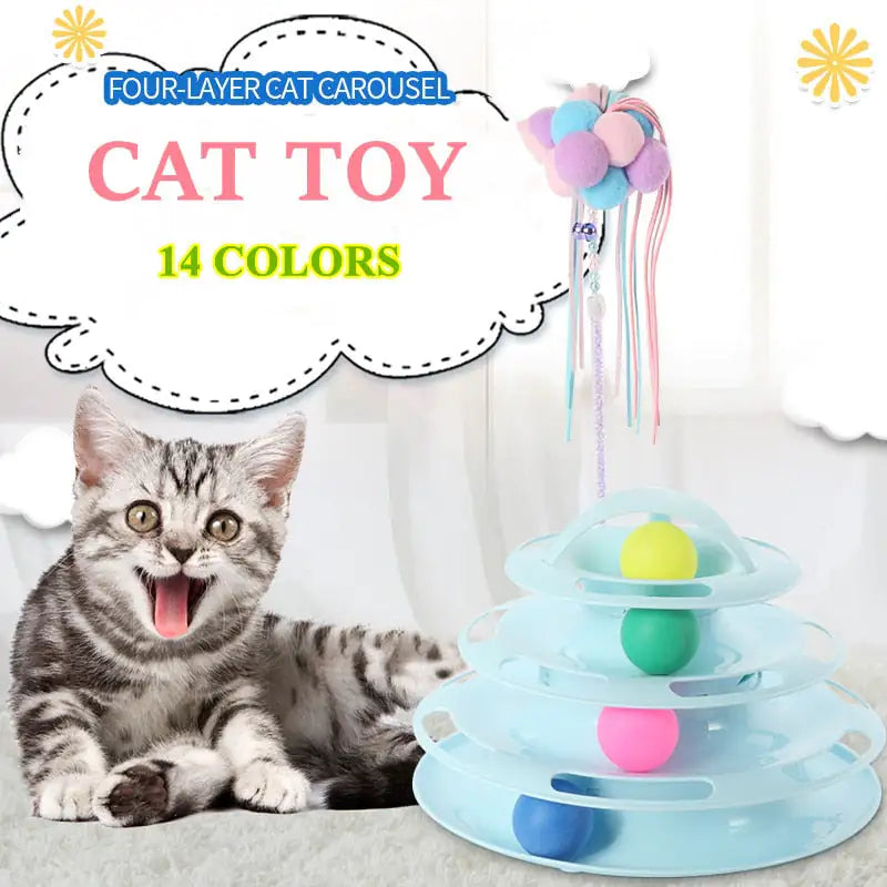 4-Tier Cat Toy Roller Tower Tracks Toy for Cats Turntable Colorful Balls Interactive Kitten Keep Cat Busy Entertained